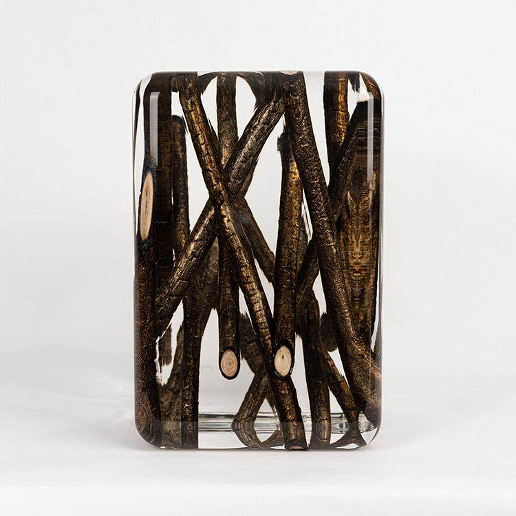 碳烧古银木条圆角边几透明水晶原木茶凳摆件亚克力软装坐凳木墩椅