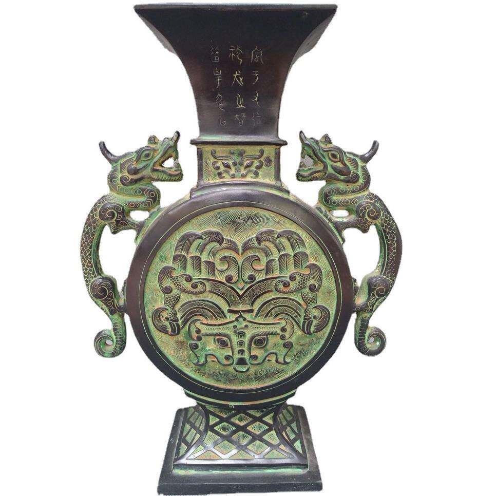 古董古玩回流仿古青铜器家居装饰做旧电影道具乳纹双龙花瓶摆件