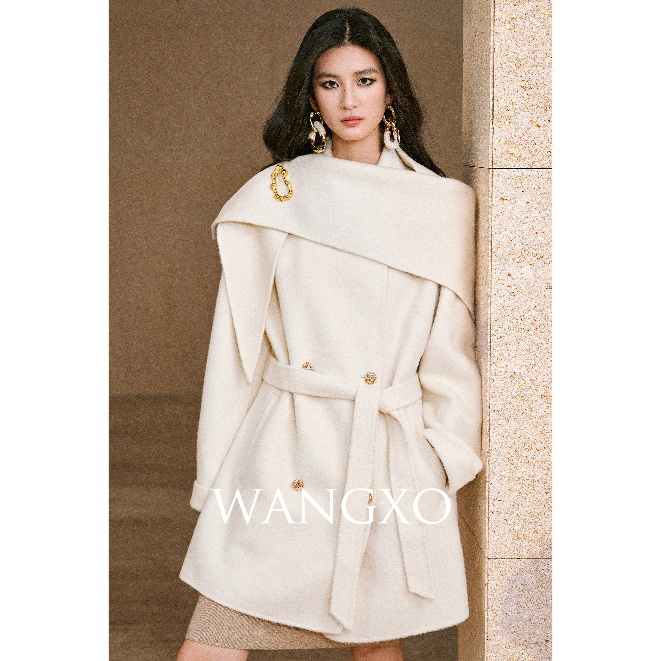 WANGXO|高支精纺100澳洲羊毛|金属别针可拆卸披肩腰带中长大衣
