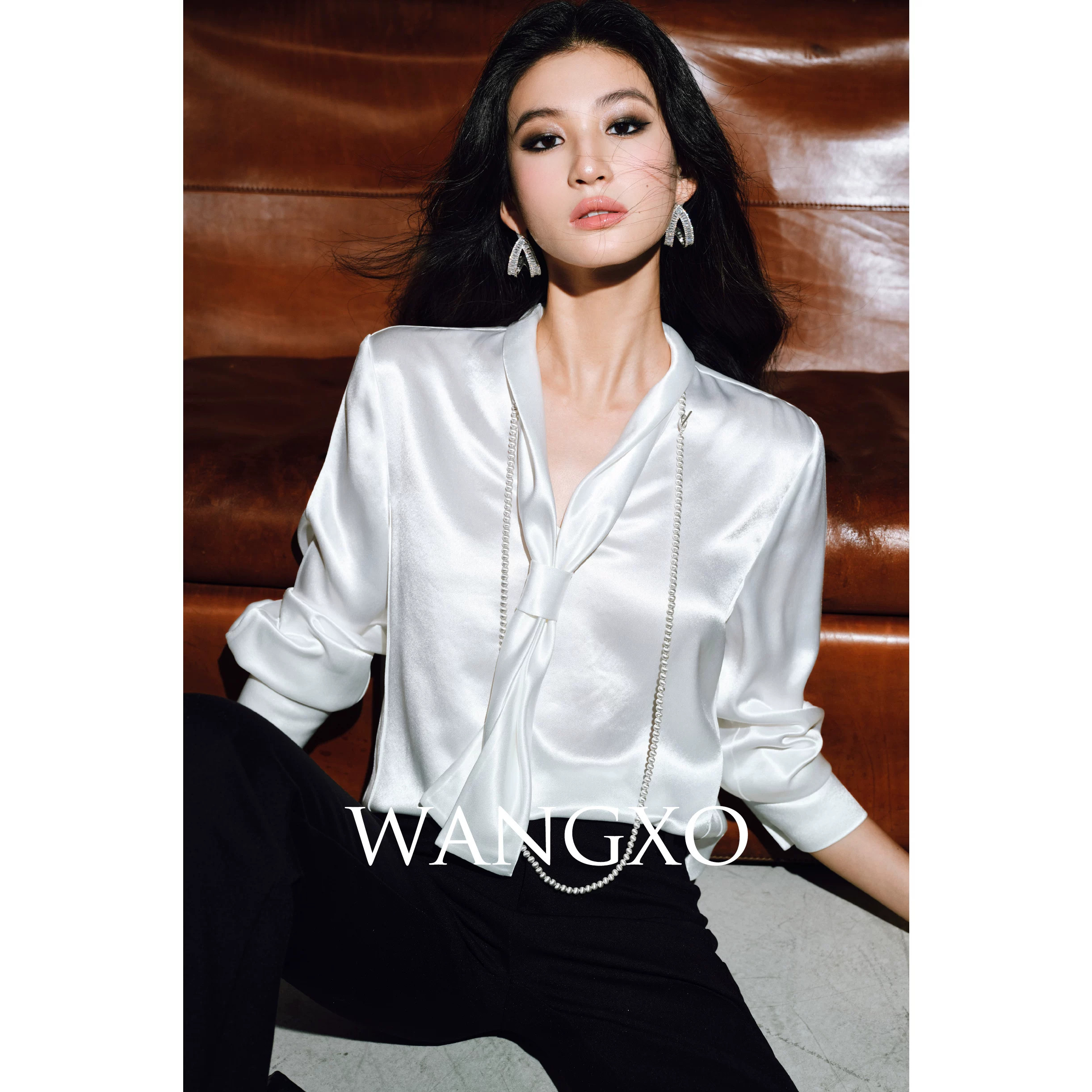 WANGXO|丝感滑爽醋酸珠光缎面|独家定染|领结飘带垂坠气质衬衫