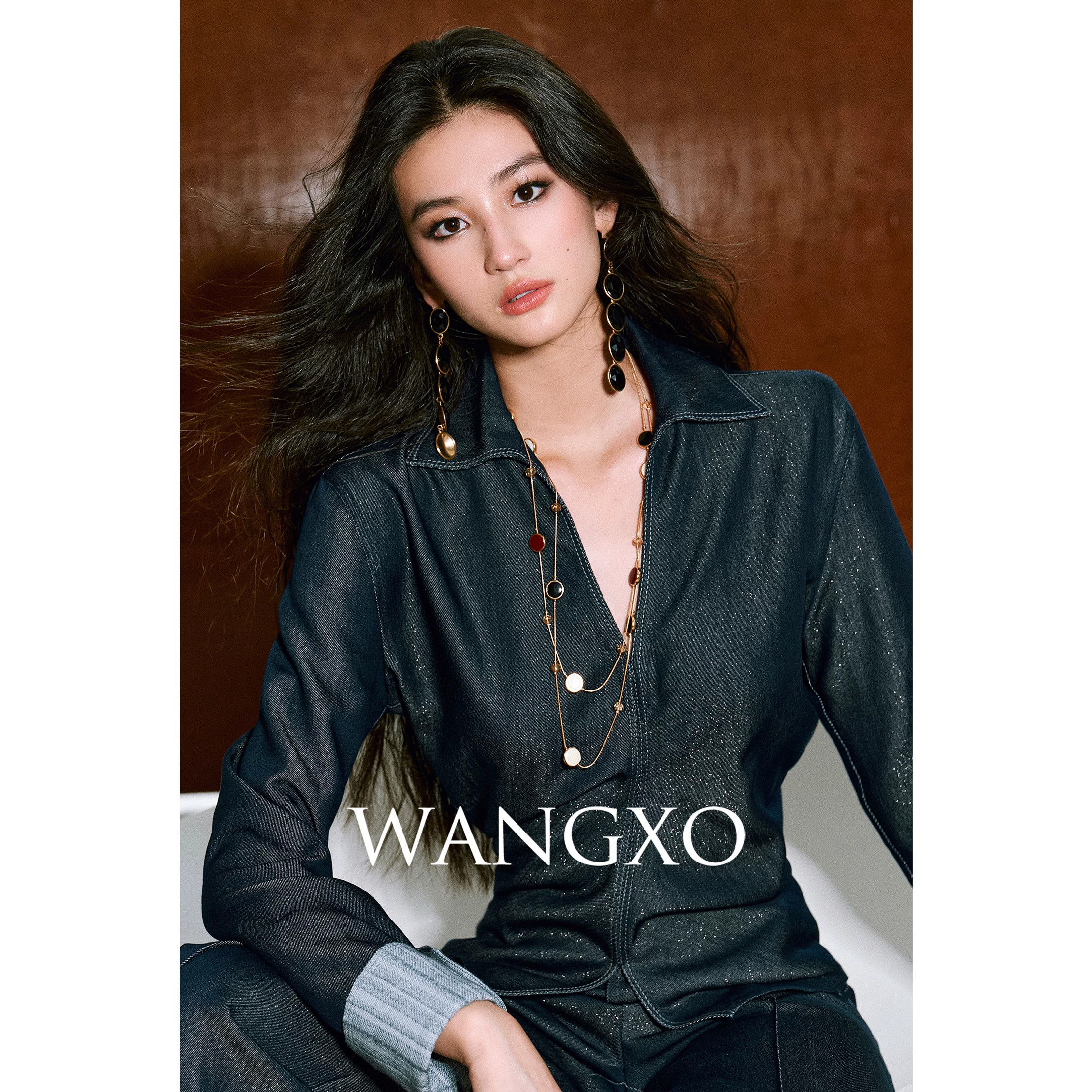 WANGXO|早秋刚需|奢贵银丝凉爽天丝|复古原色收腰衬衫牛仔套装