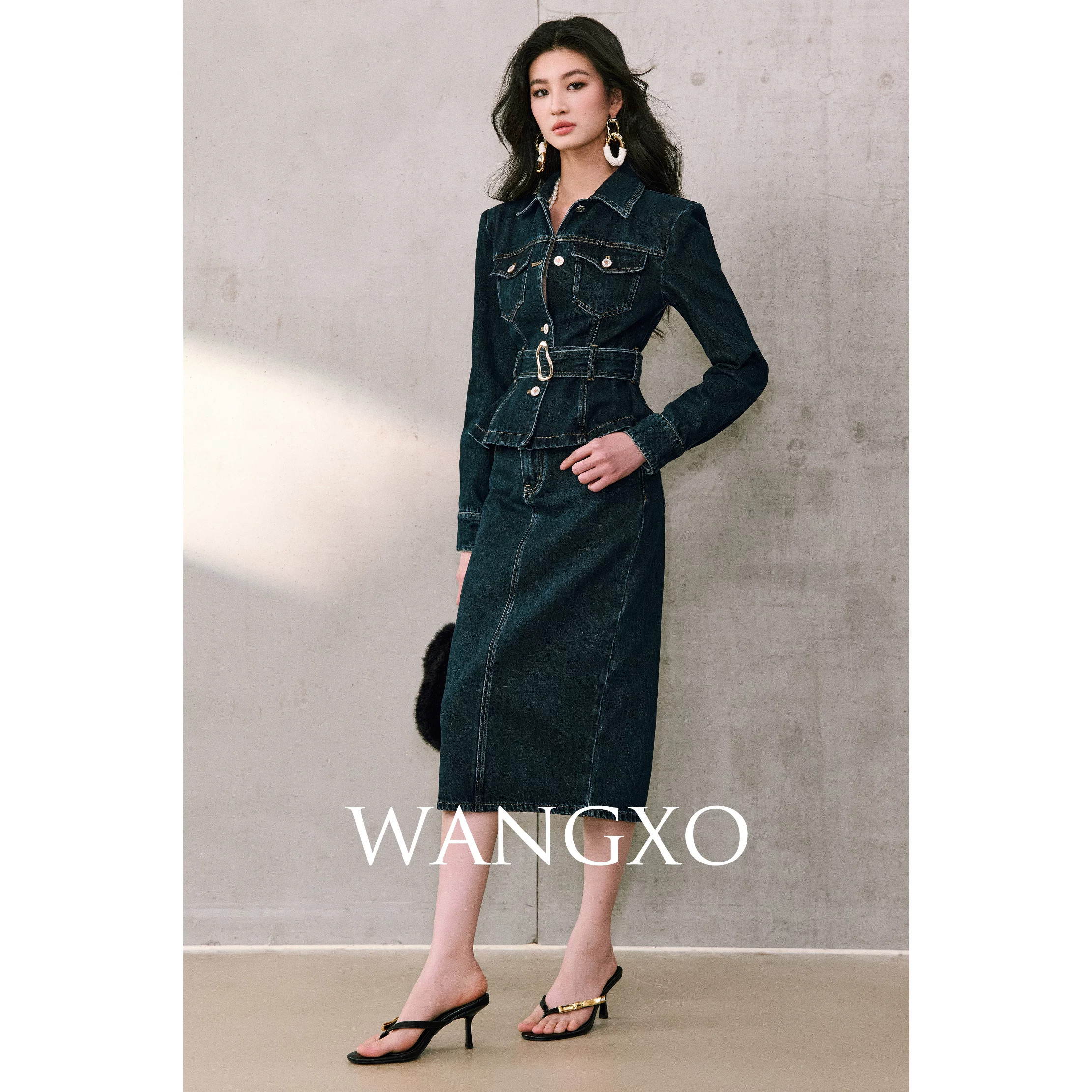 WANGXO｜高含棉重磅水洗牛仔｜翻领工装外套＆包臀半裙复古套装