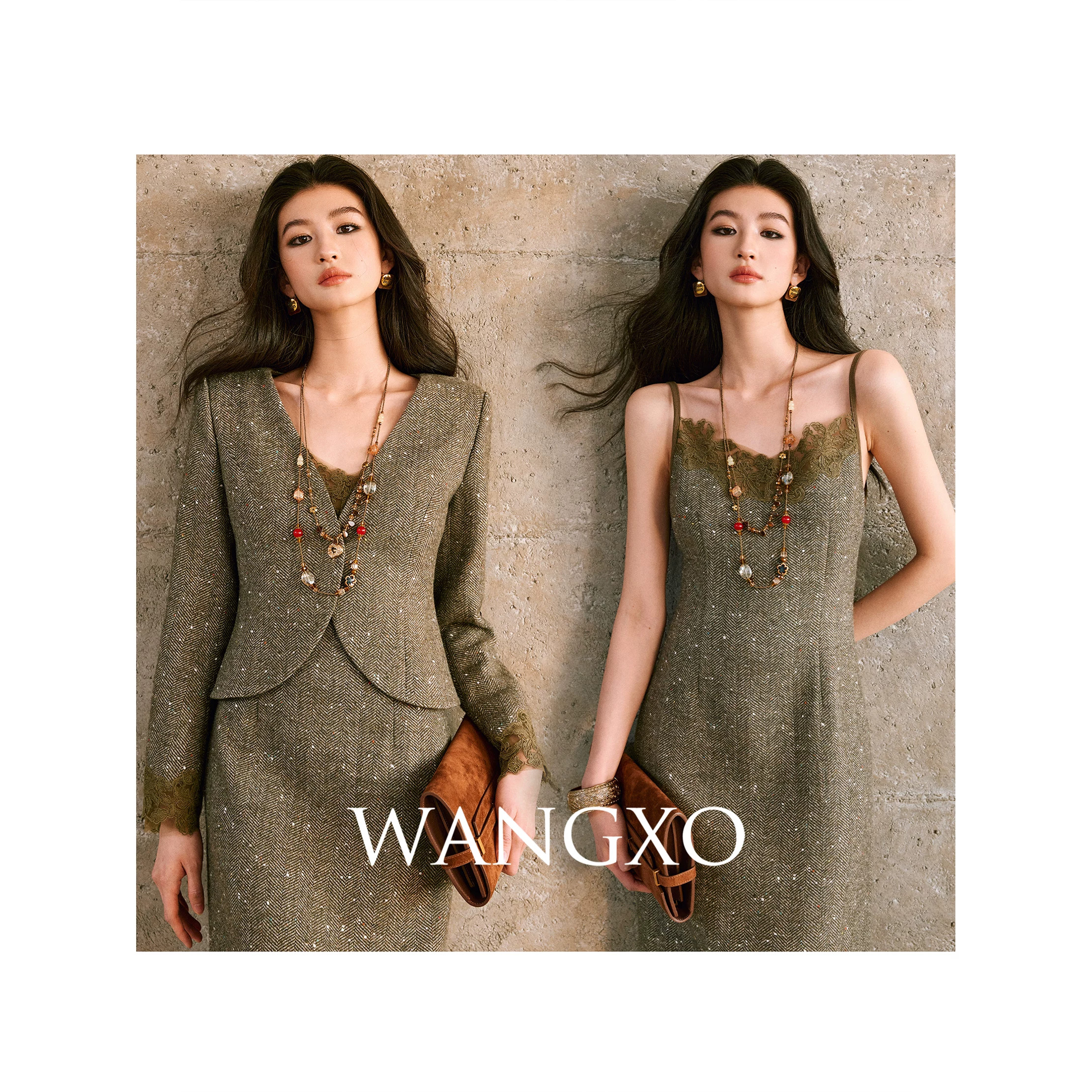 WANGXO｜羊毛人字纹彩点亮片＆蕾丝边绣｜弧摆短外套＆修身吊带裙