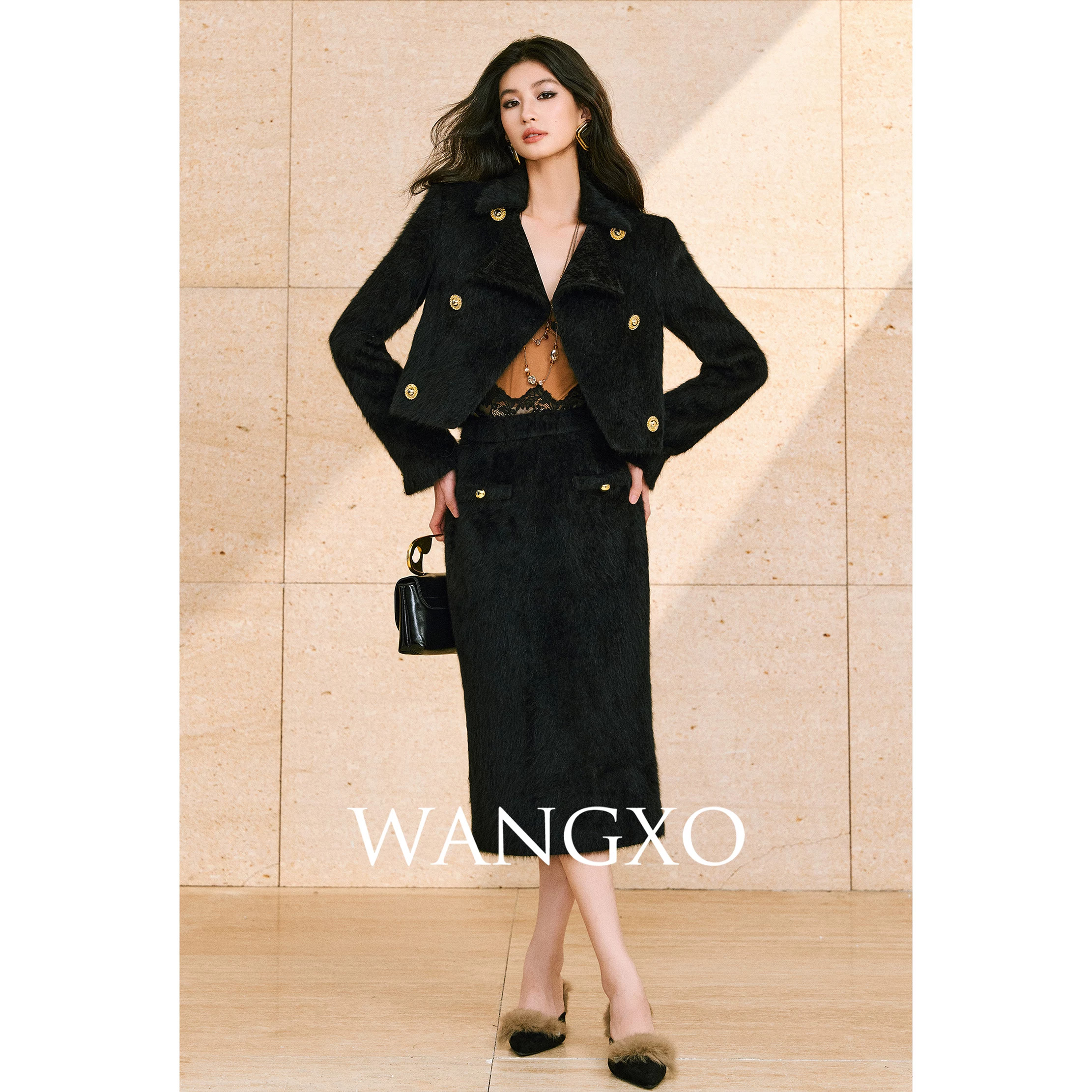 WANGXO|兔绒长毛呢拼接雪尼尔|翻领双排扣短款外套&直筒半裙
