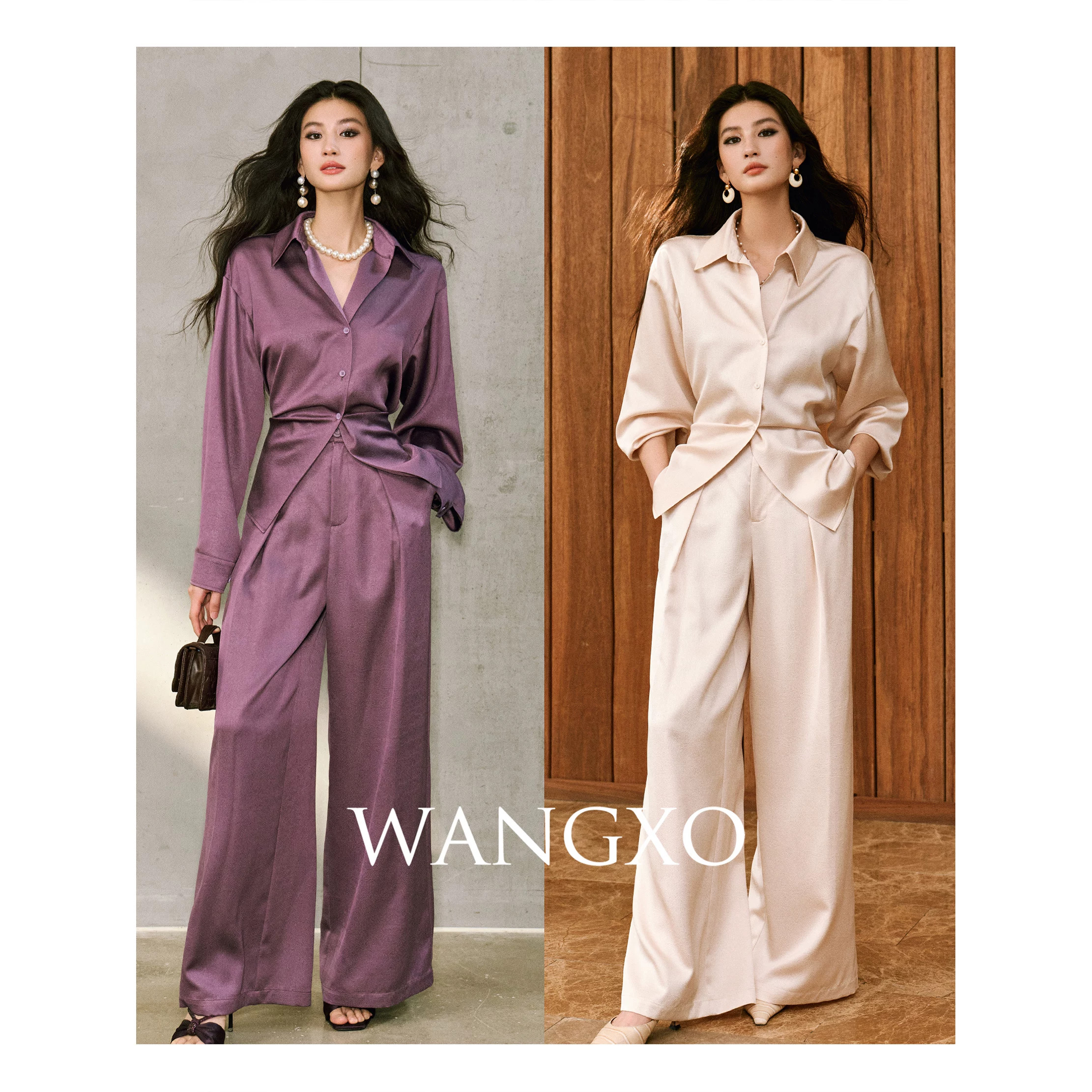 WANGXO|肌理压花缎高温工艺|飘带收腰衬衫&立体压褶宽松阔腿裤