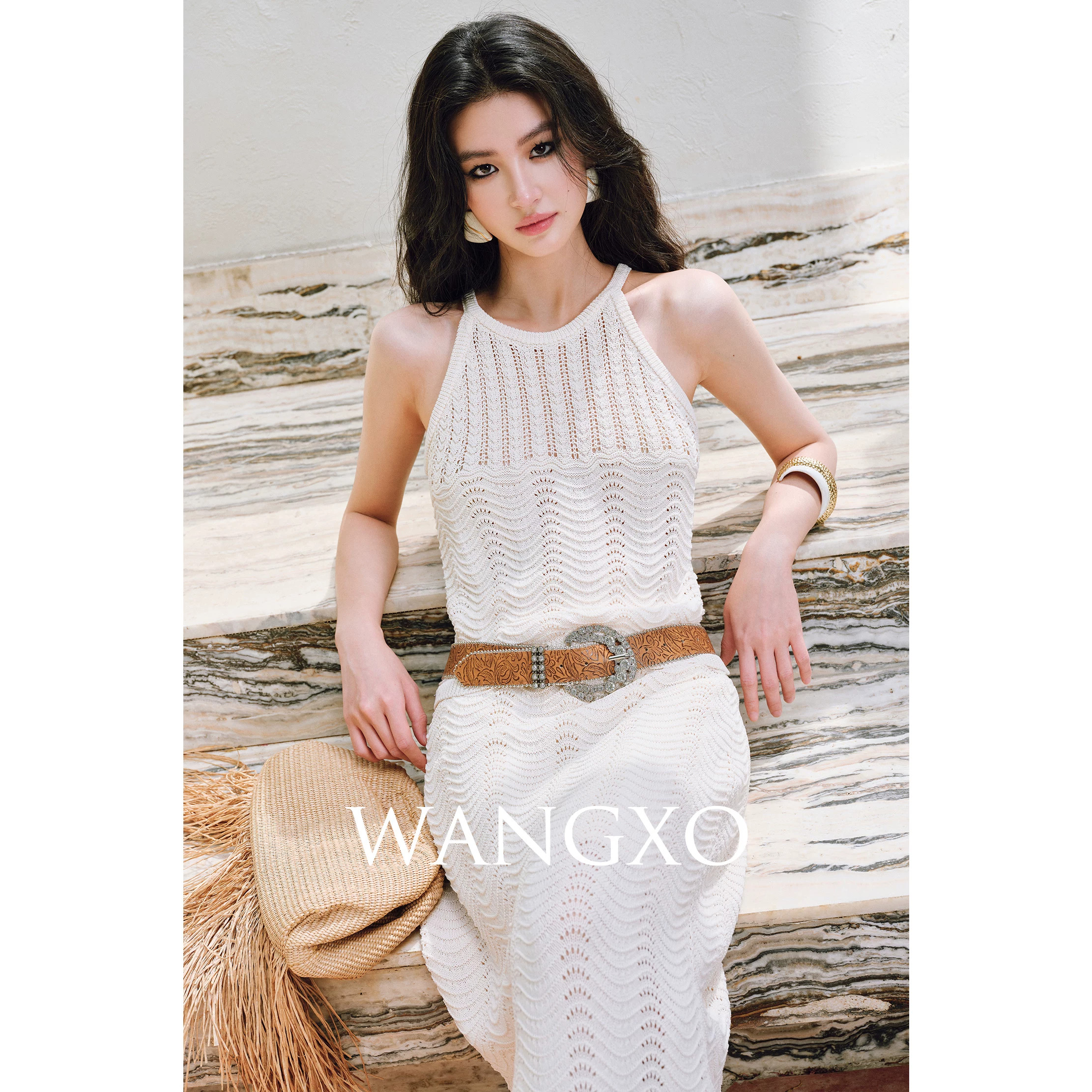 WANGXO钟楚曦同款|24支冰麻|浮雕感钩花镂空波浪条纹吊带&半裙