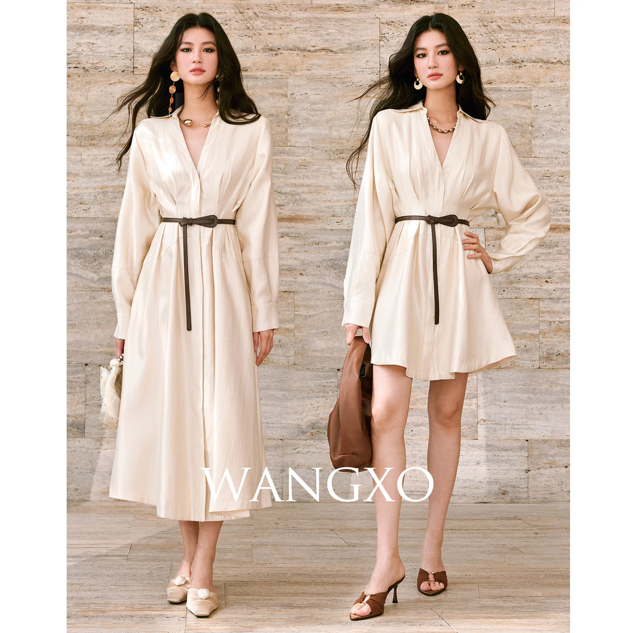 WANGXO李柯以同款|丝织锦缎|收腰大A摆腰带长&短衬衫式连衣裙