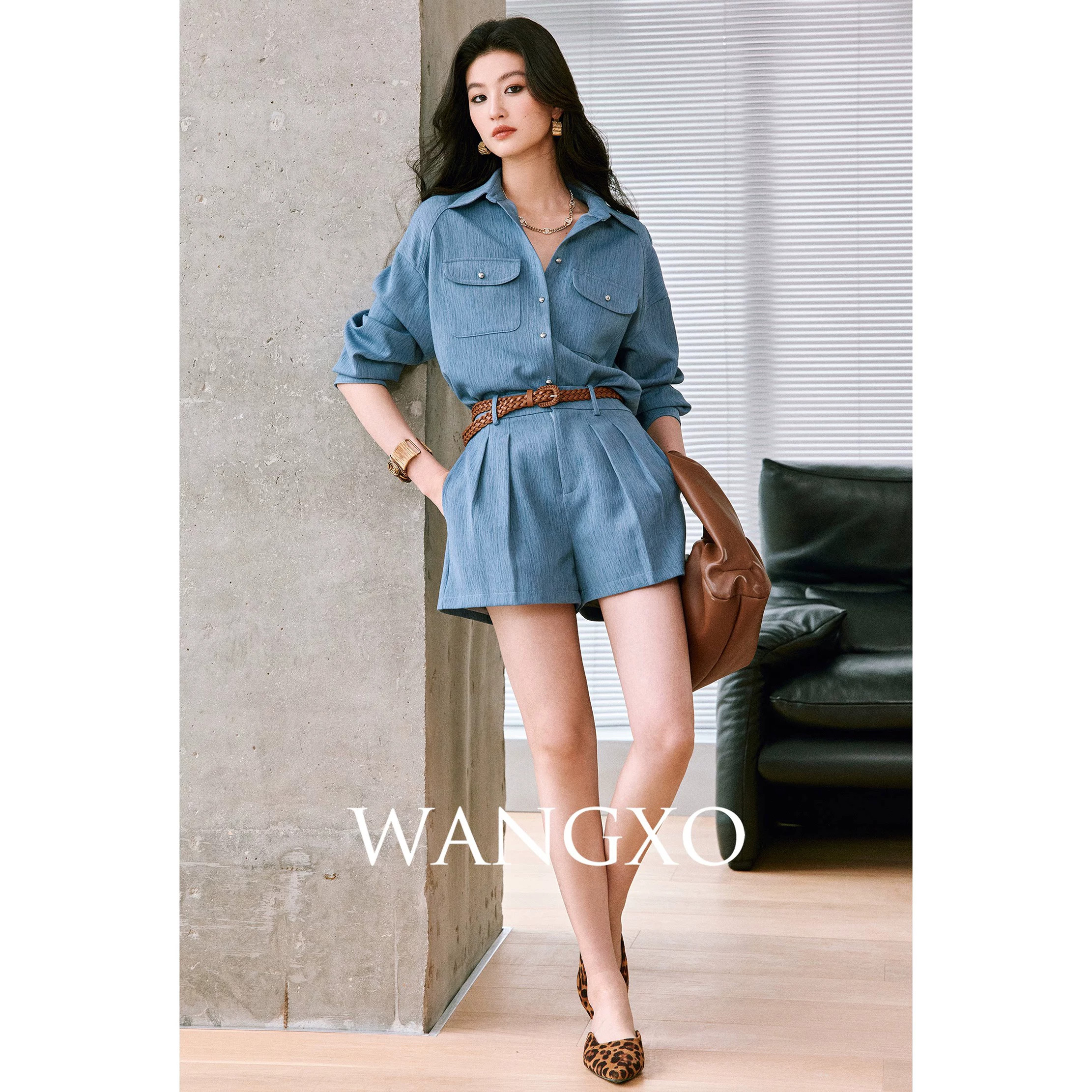 WANGXO|慵懒肌理感亲肤料|翻领工装大口袋宽松衬衫&双褶短裤