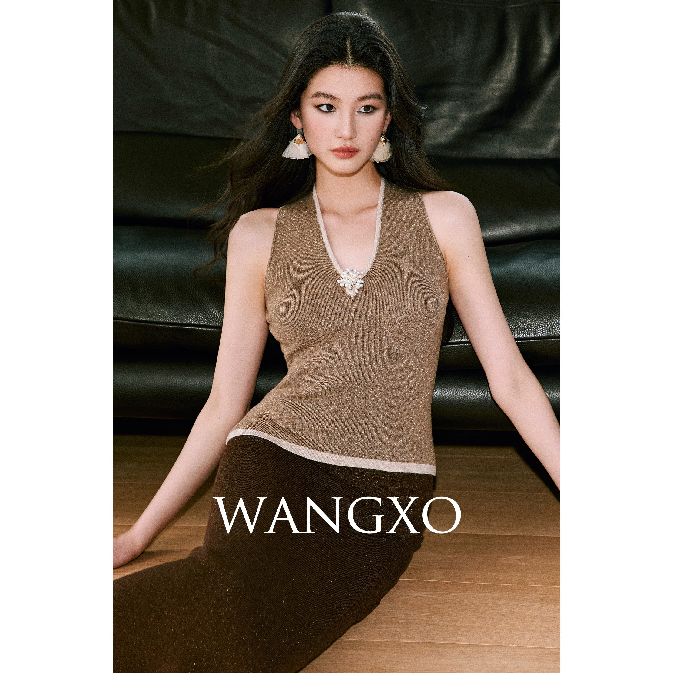 WANGXO| 亮丝羊毛针织 | V领撞色无袖修身背心&直筒长款半身裙