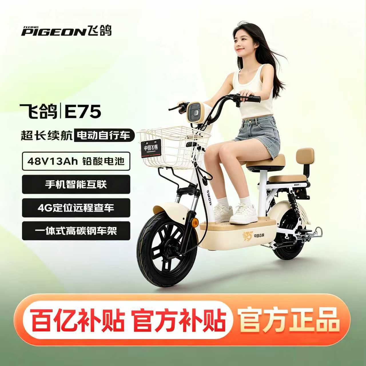 飞鸽电动车飞鸽新E75电动自行车新国标铅酸电池48v13Ah45KM长续航