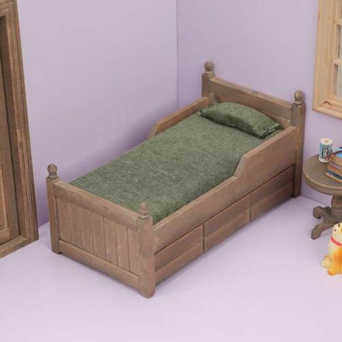 1：12迷你娃娃屋家具配件DOLLHOUSE摆件OB11可用床仿旧色带抽屉床