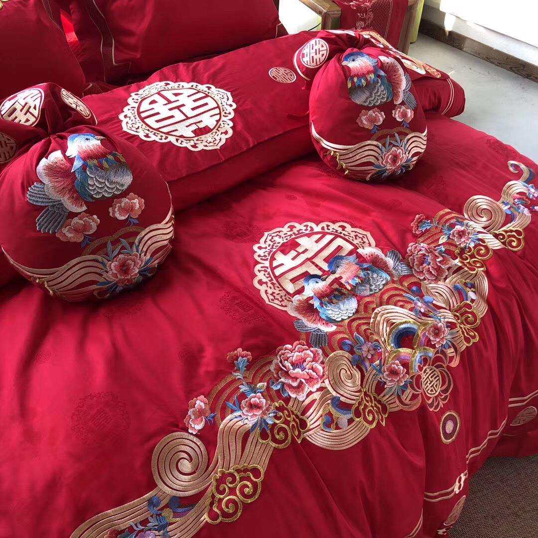 中式婚庆大红色全棉刺绣花床上用品鸳鸯喜被结婚四件套纯棉多件套