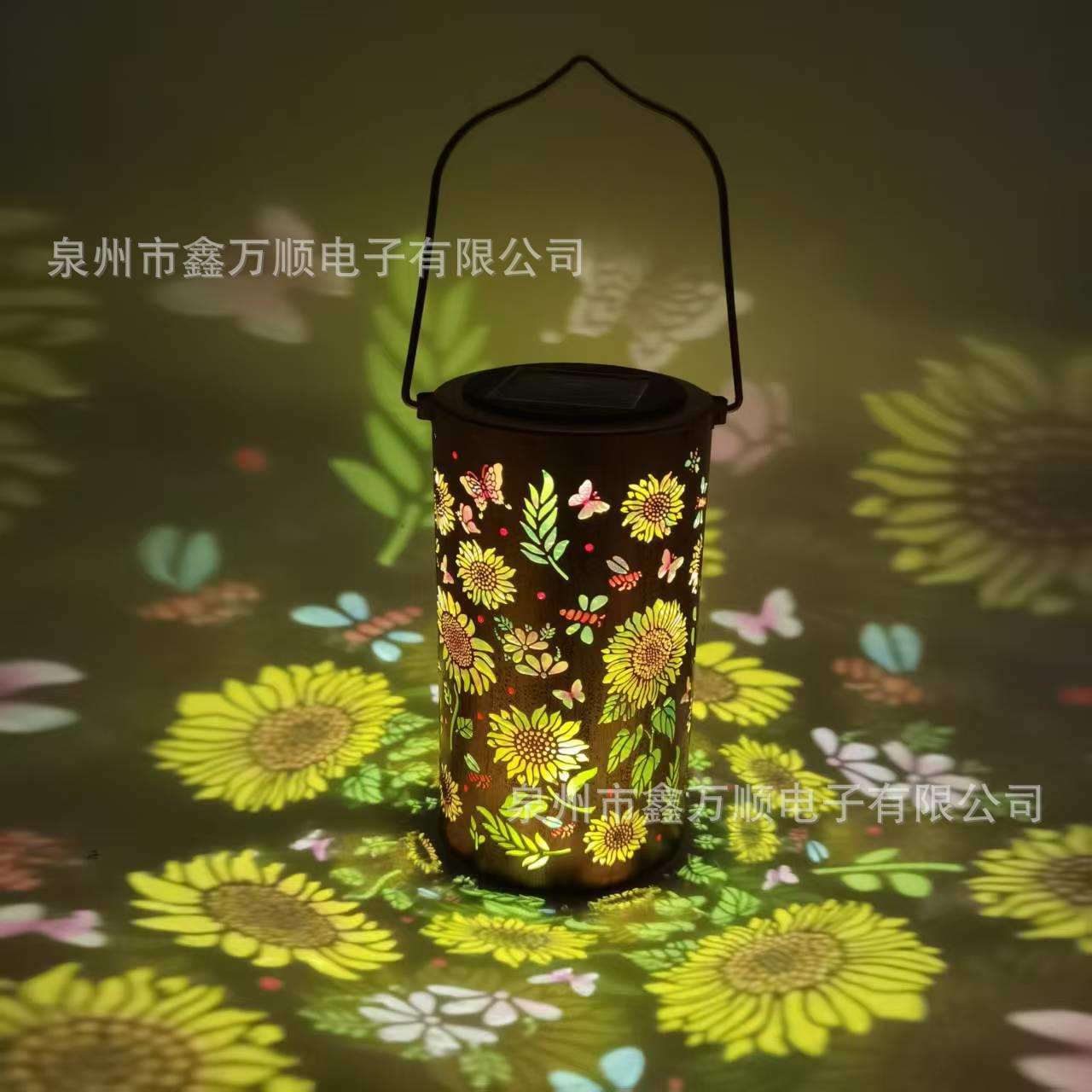 亚马逊新款太阳能彩色向日葵灯笼花园铁艺镂空挂灯户外庭院装饰灯
