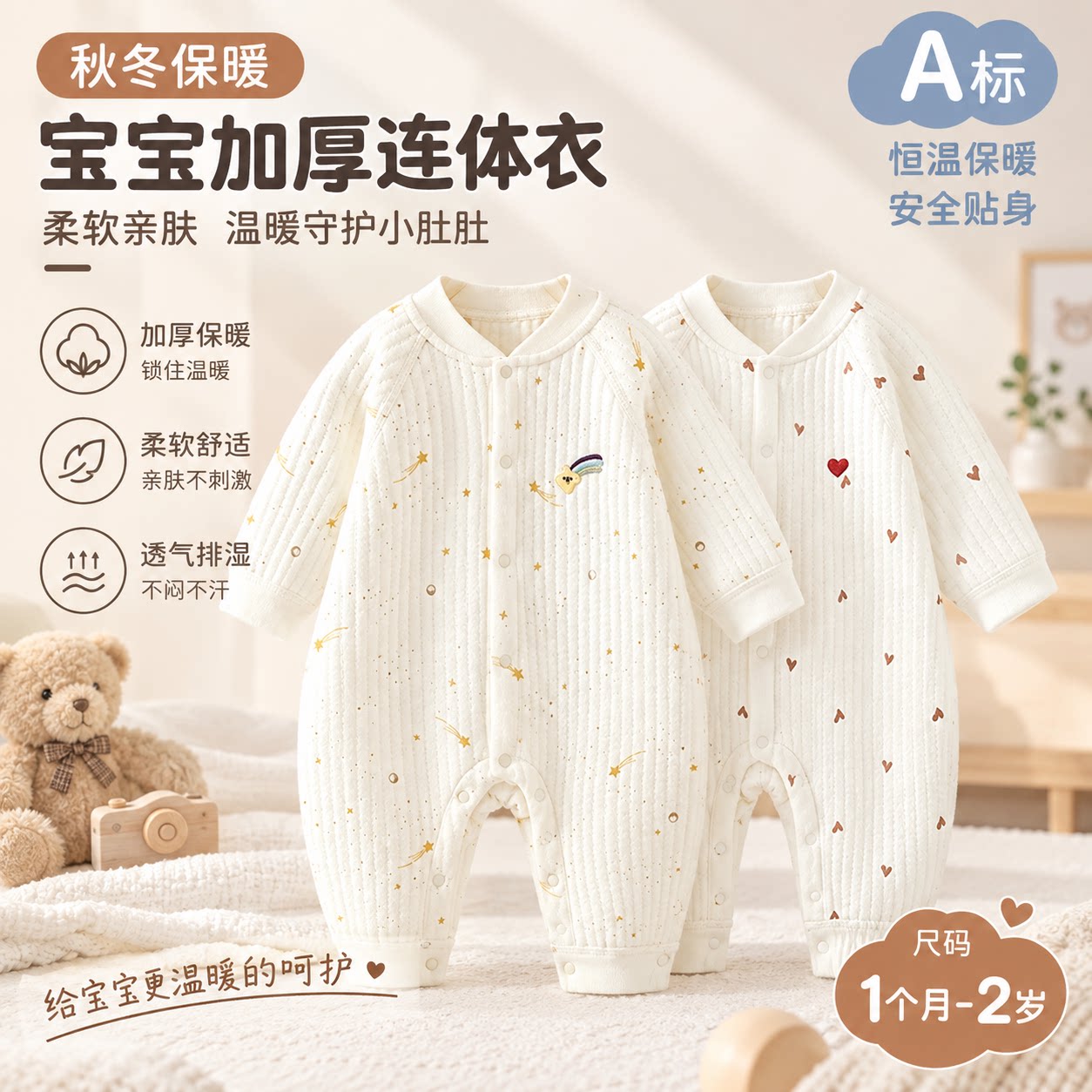 婴儿保暖连体衣秋冬季A类纯棉新生宝宝哈衣爬服夹薄棉衣服家居服