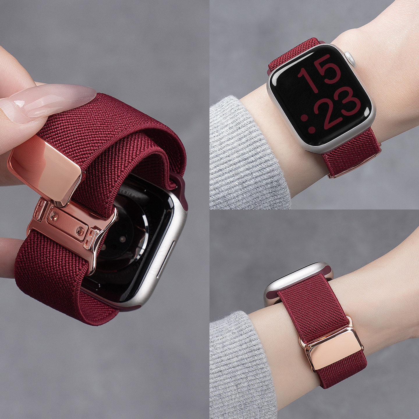 适用苹果S11表带iwatch9平纹尼龙编织S10新款10磁吸S8运动新年红