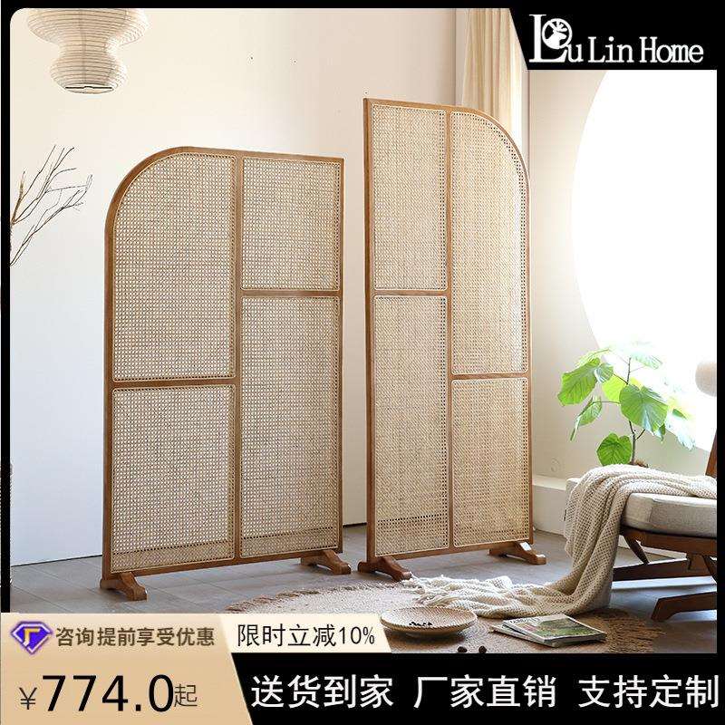 民宿日式实木屏风组合小户型新中式餐厅创意藤编隔断墙可移动座屏