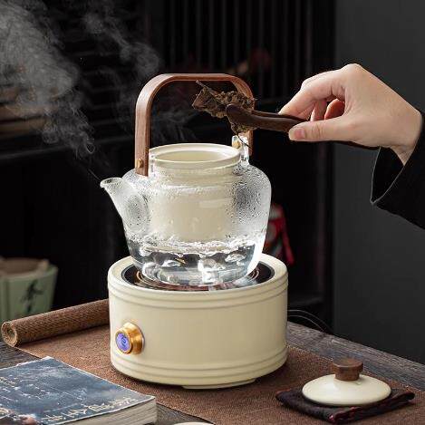 玩物尚置玻璃煮茶器家用米黄汝窑提梁煮茶壶烧水壶陶瓷电陶炉套装
