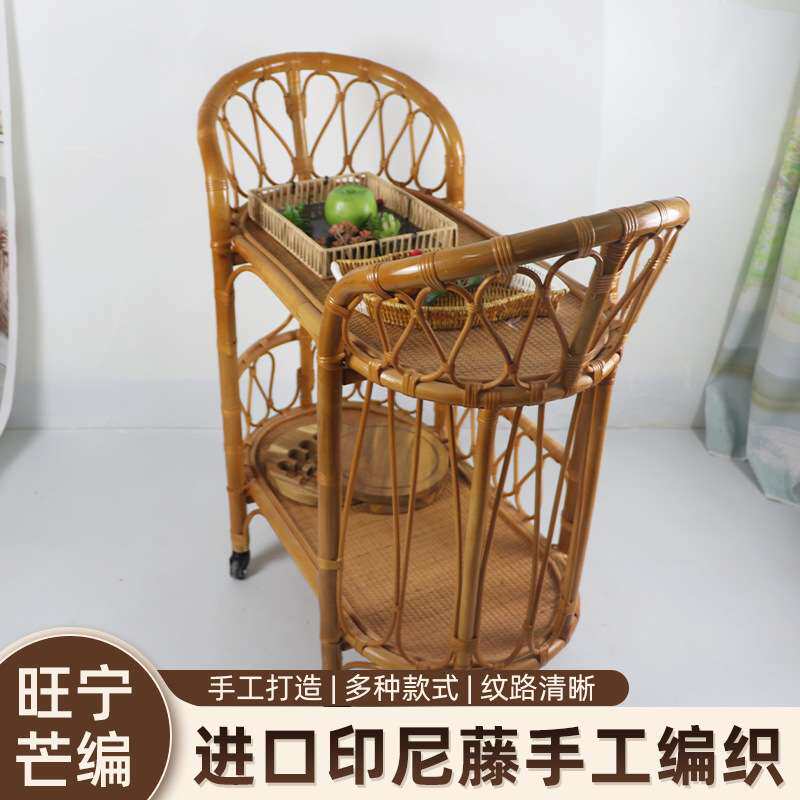 原工厂手工真藤编织双层可移动带轮餐车置物架多功能篮餐厅用品