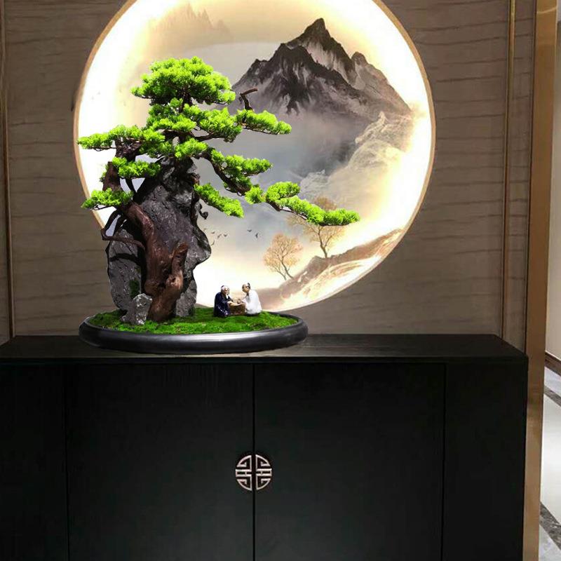 中式仿真迎客松罗汉松附石抱石崖柏盆景客厅酒店玄关台面套装摆件