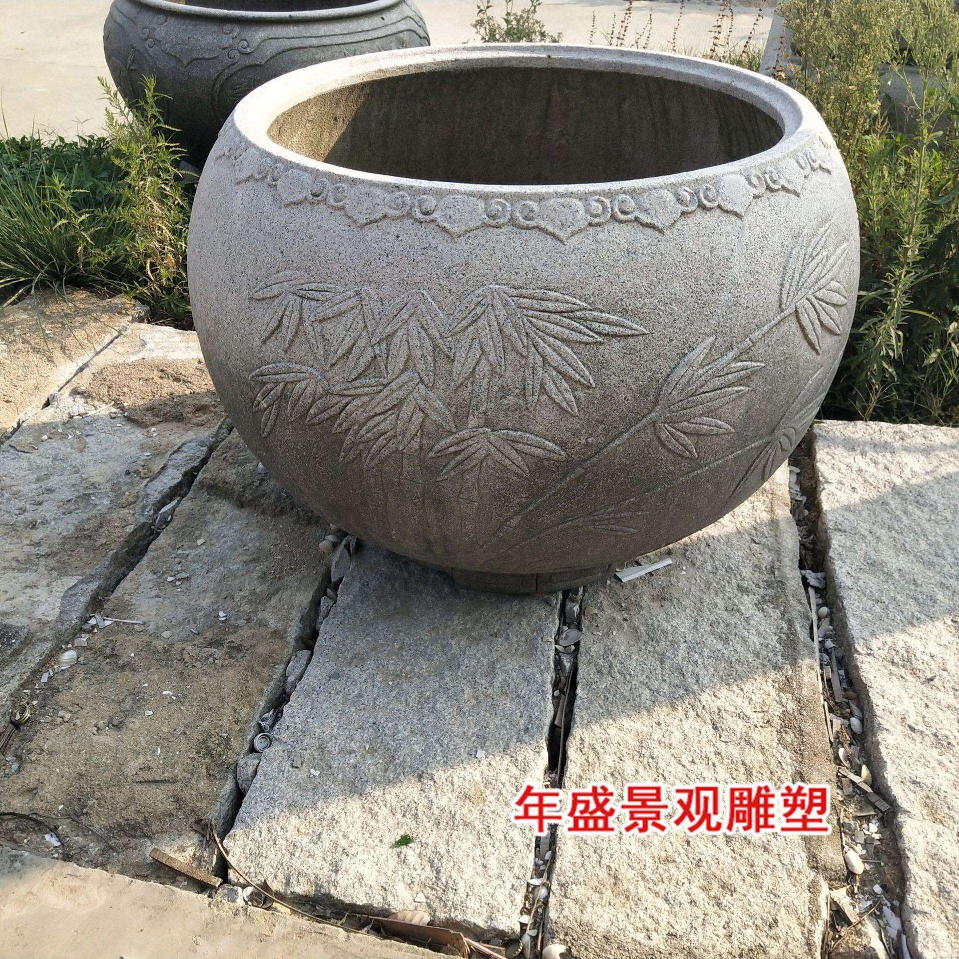 石头养鱼缸 创意石花盆庭院景观摆设老物件 石雕刻仿古雕花缸树缸