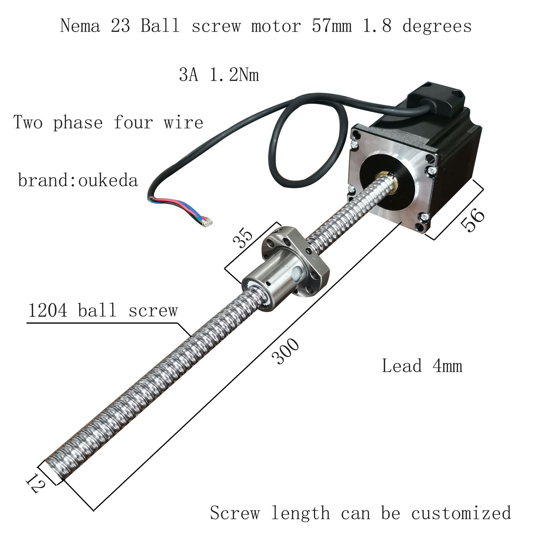 57步进1204滚珠丝杆电机高56MM扭矩1.2Nm300mm