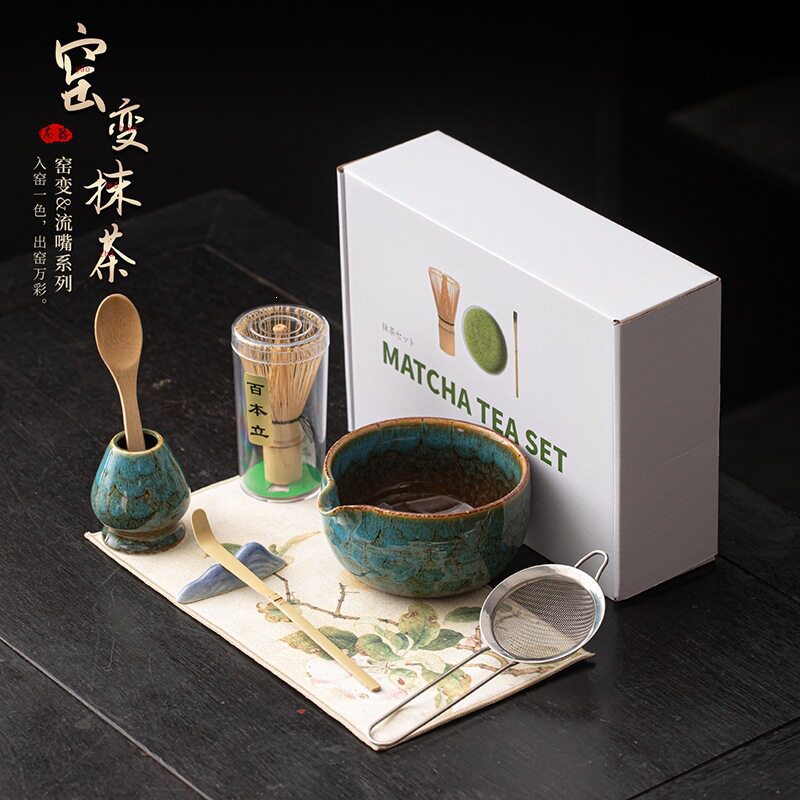 流嘴窑变抹茶八件套陶瓷茶具套组茶筅立抹茶碗粉筛过滤茶刷百本立