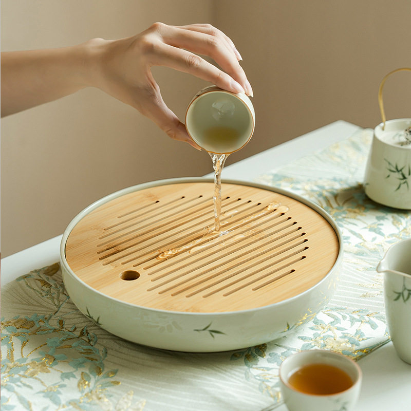 圆形小茶盘家用客厅储水干泡茶盘茶台陶瓷手绘筱竹沥水茶托盘