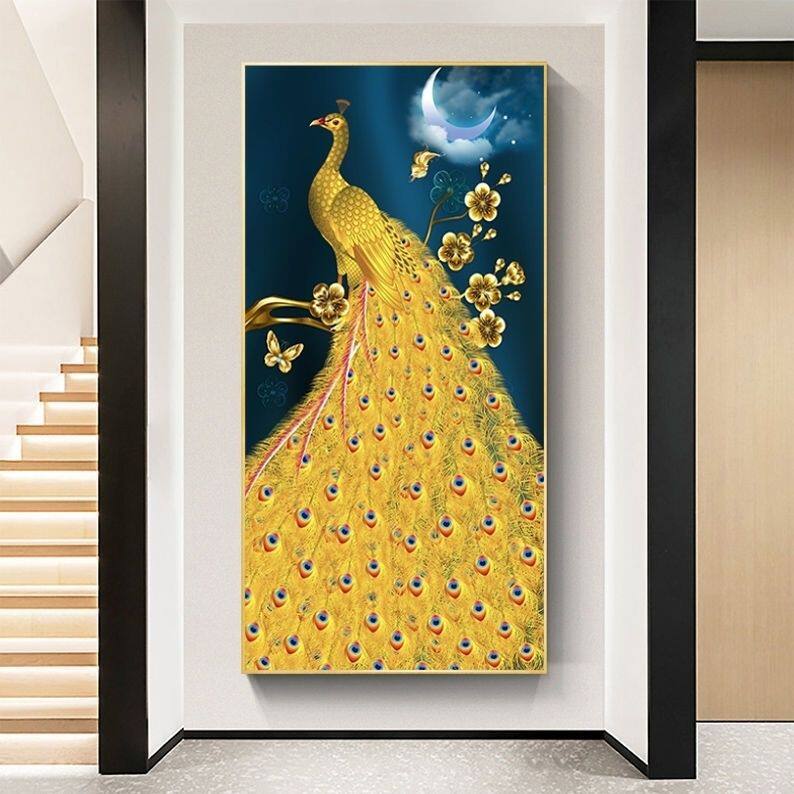 孔雀玄关画入户装饰画晶瓷镶钻走廊过道挂画寓意好壁画背景画