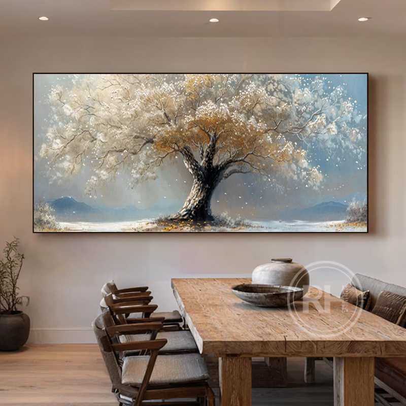 纯手绘油画发财树肌理感客厅入户玄关沙发背景装饰画大芬村油画