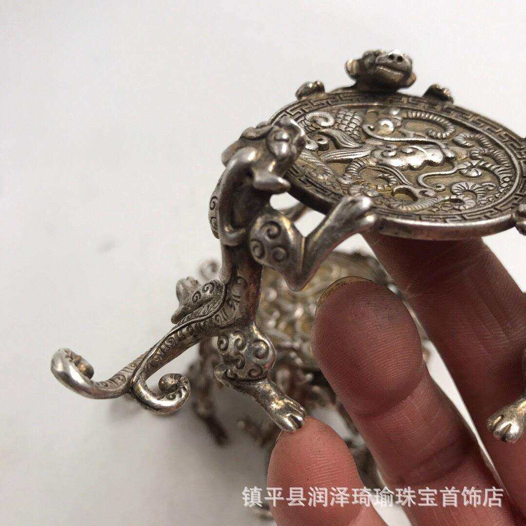 中式古典收藏小器书房摆件装饰纯铜鎏银螭龙三脚烛台茶玩盖置茶托