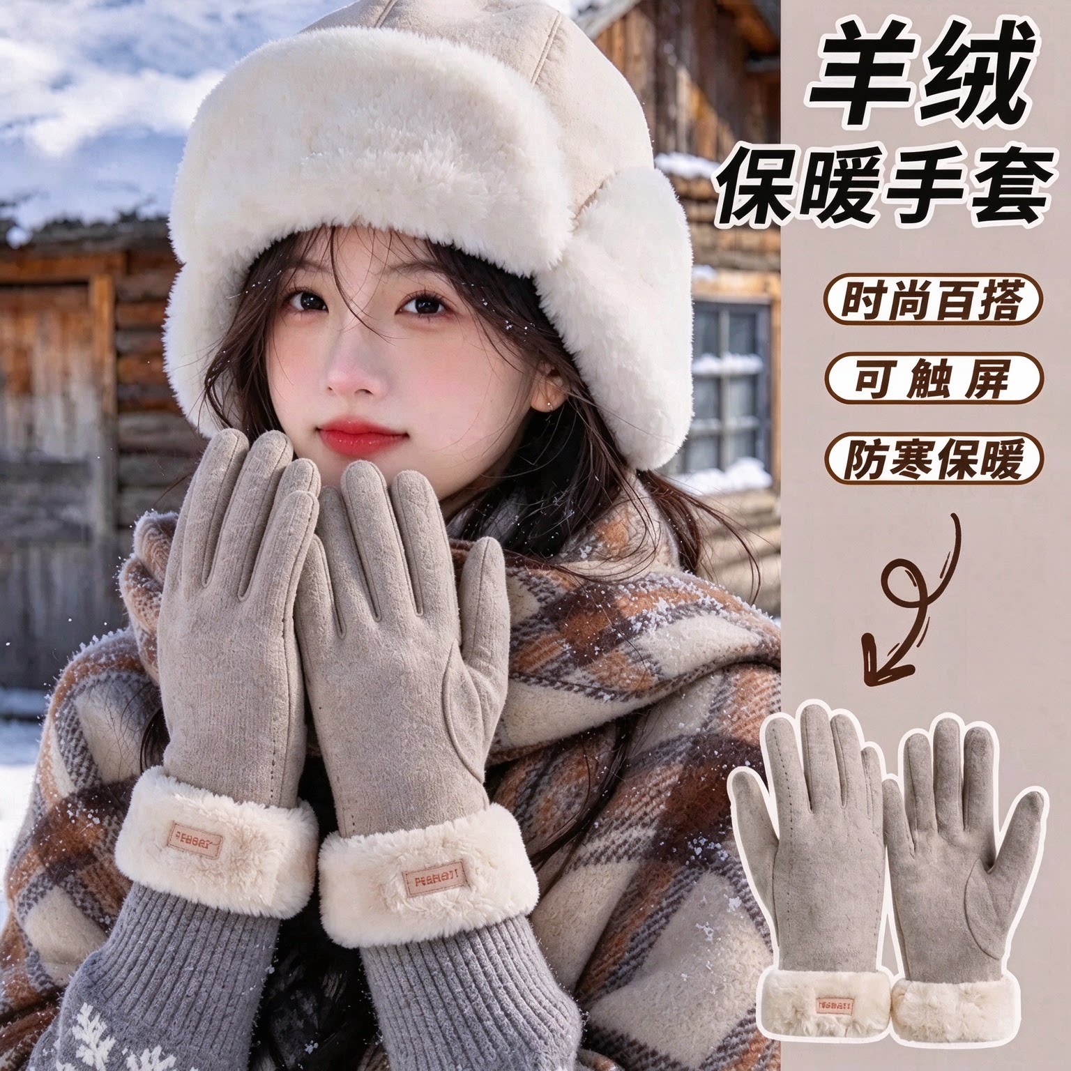 手套冬天女羊绒加厚保暖可爱麂皮绒女士骑行防寒骑车防风触屏冬季