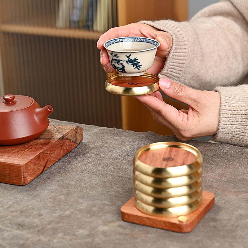 实木铜杯垫套装花梨杯托组茶具配件黑檀木家用杯垫防烫隔热垫