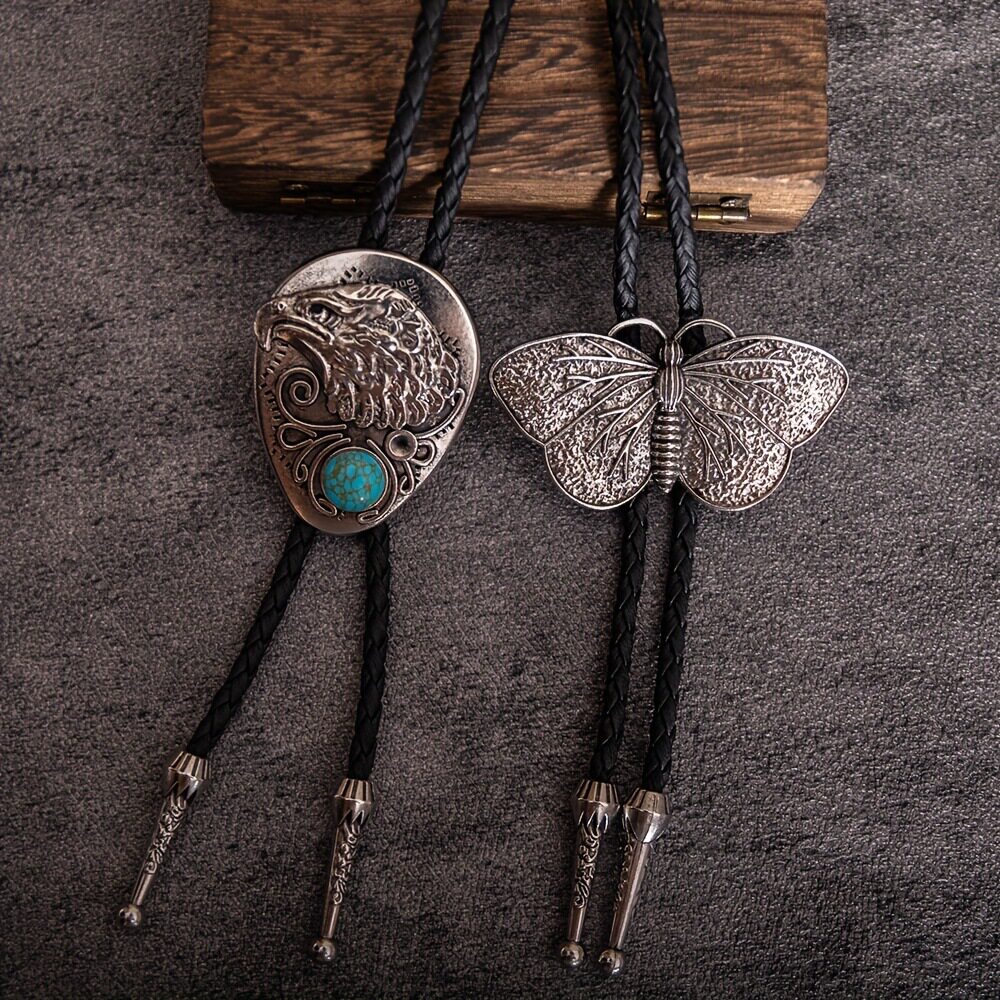 1pcs复古bolo tie领绳西部牛仔风老鹰蝴蝶天然松石波洛皮绳项链老