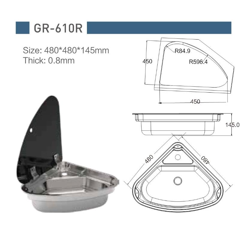 钢化玻璃罩不锈钢水槽 房车游艇480*480*145毫米 GR-610R
