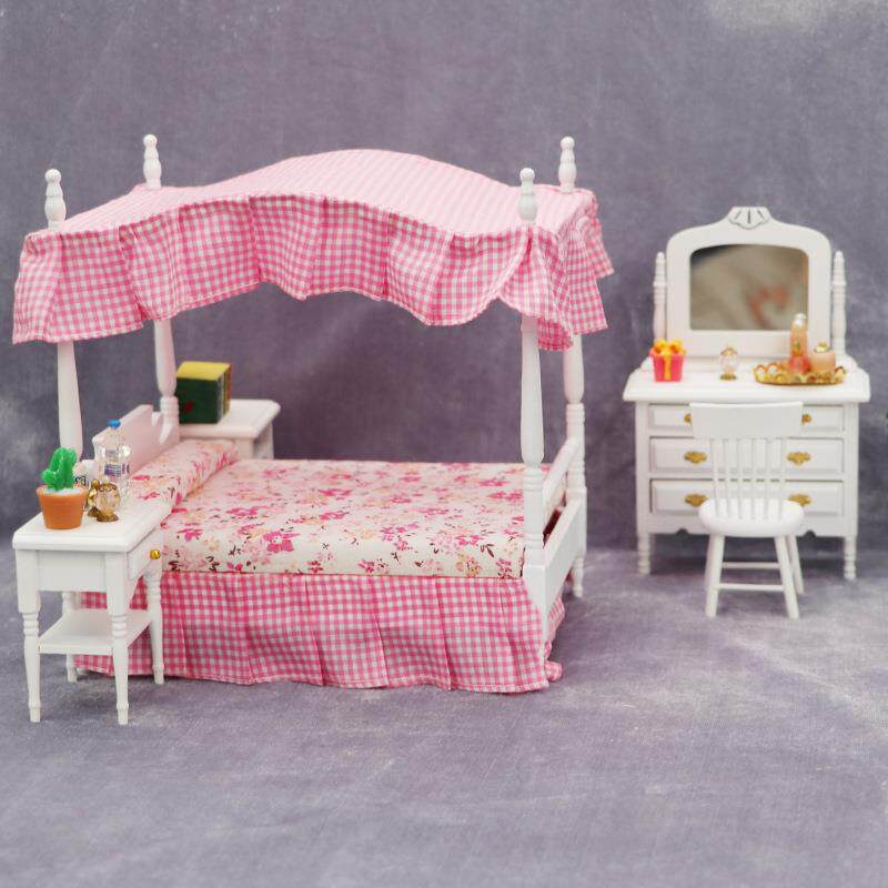 1:12娃娃屋dollhouse迷你家具卧室微场景卧室有顶床梳妆镜床头柜