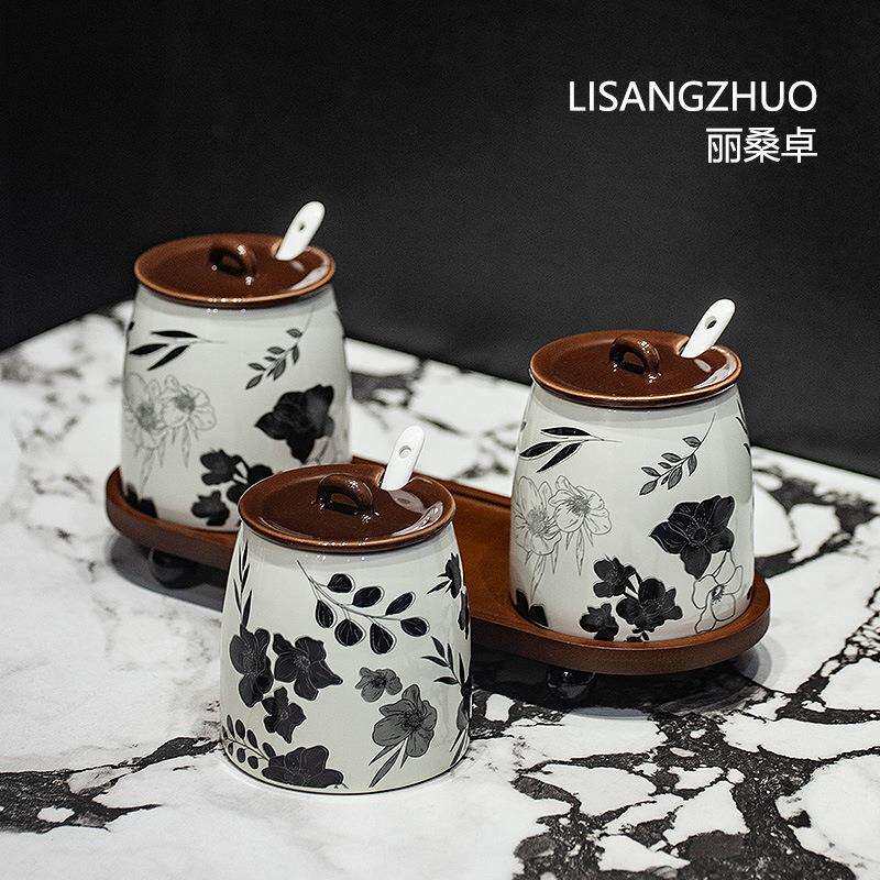 法式中古风厨房用品调味罐调料盐糖味精罐家用复古陶瓷收纳罐套装