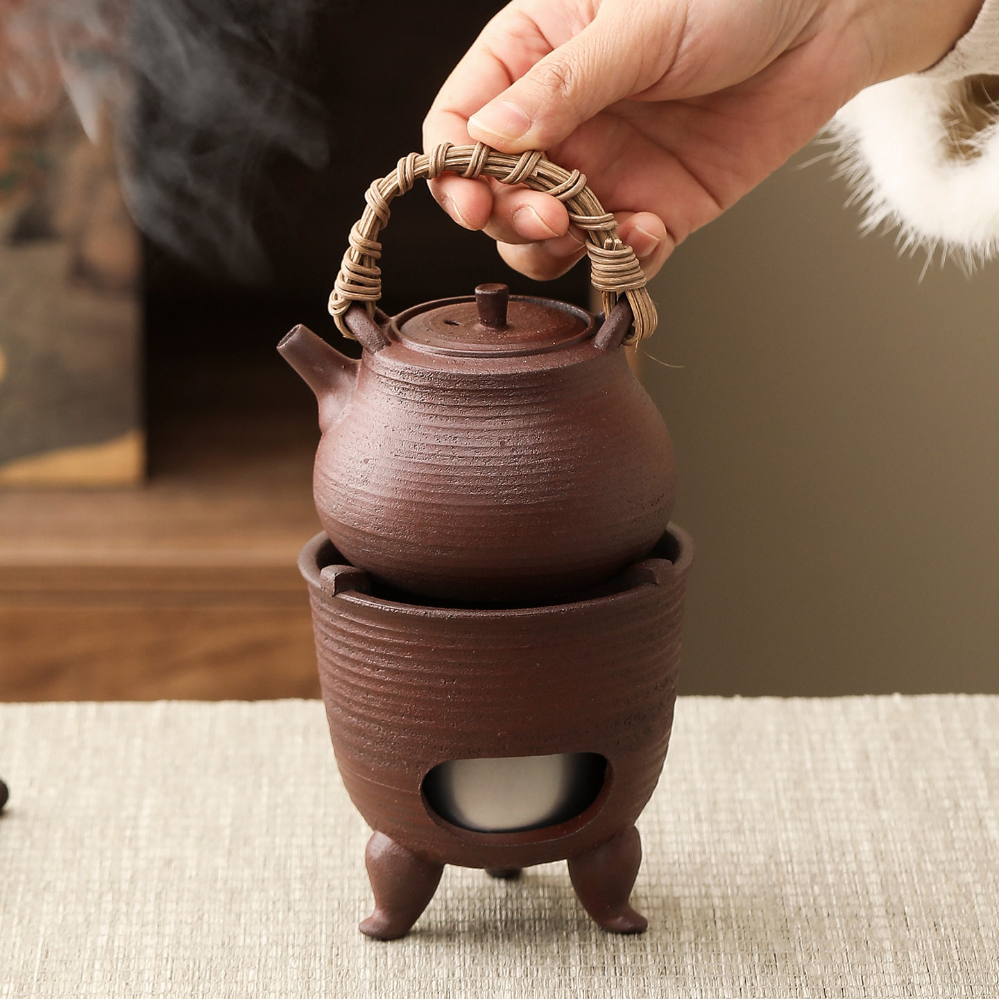 复古粗陶手提茶壶藤编提手三足炉煮茶器酒精炉烧水壶围炉煮茶套装