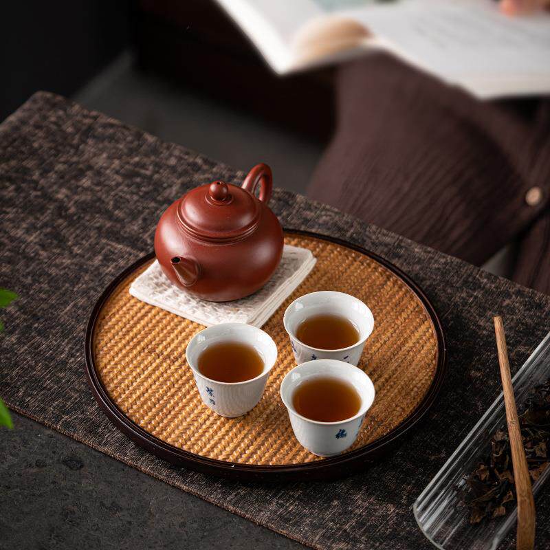 竹制席纹托盘 圆形长方简约创意干泡台托盘日式家用茶具茶台茶盘