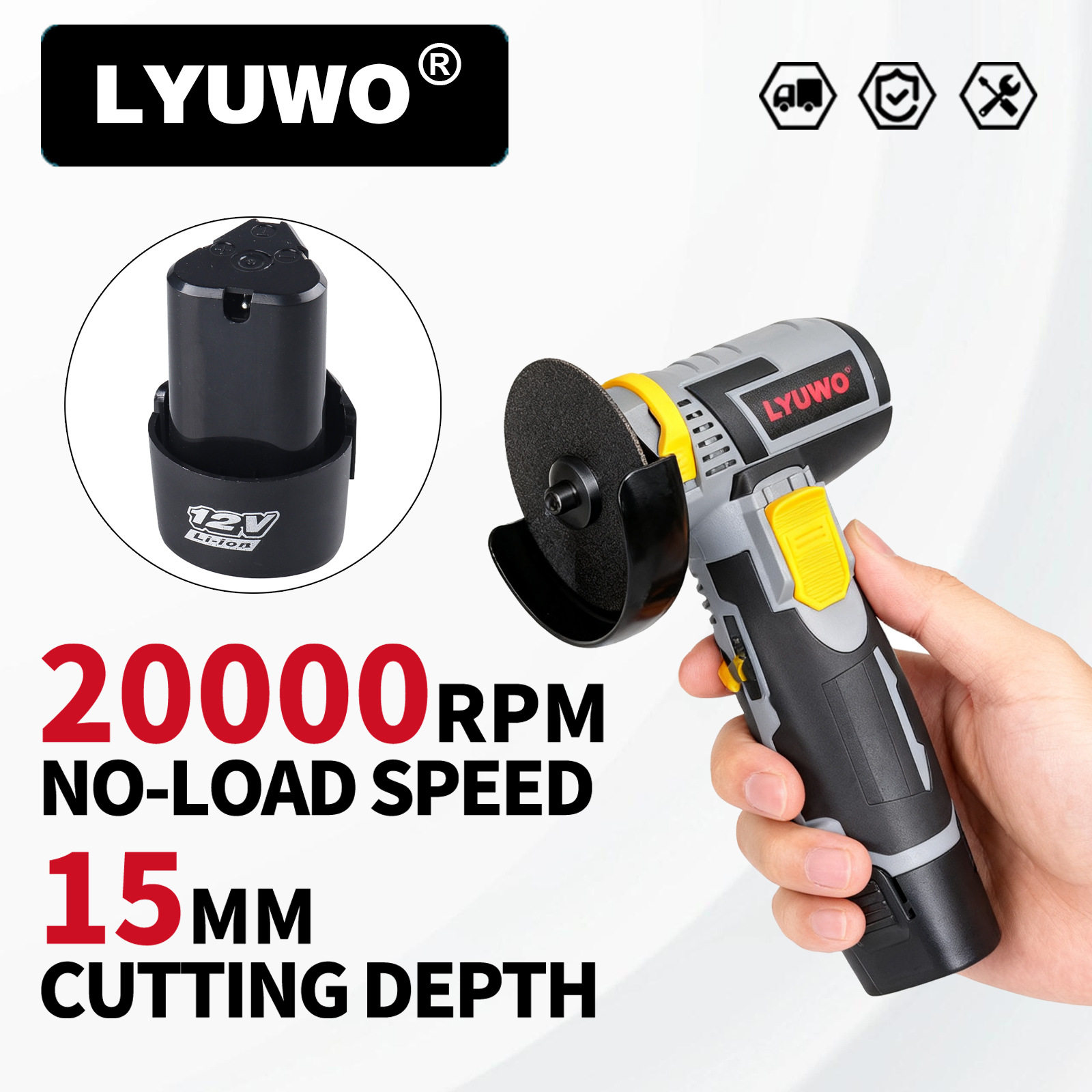 12V锂电角磨机 20000RPM高转速15mm切割深度多功能家用电动工具
