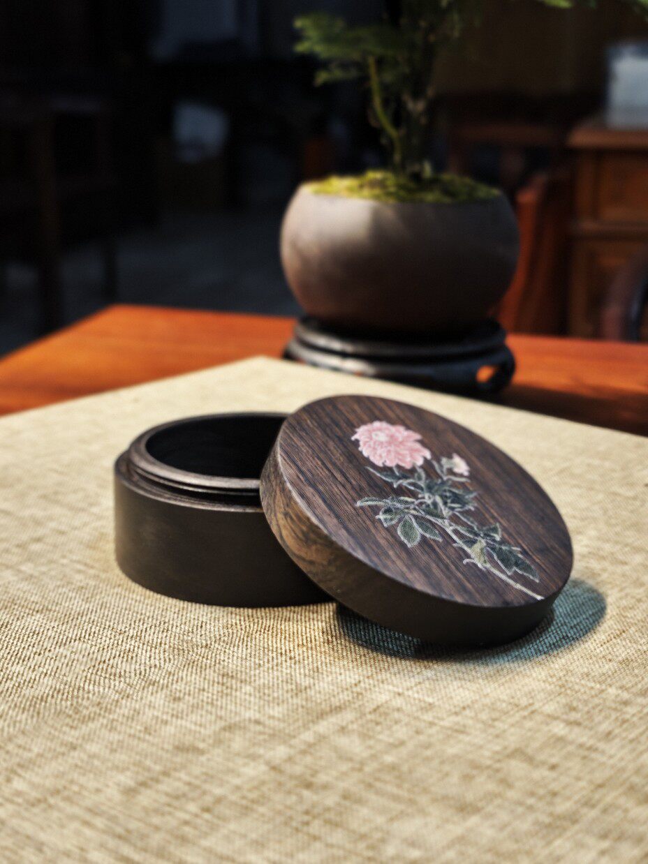 新中式紫光檀圆形印泥盒收纳盒文房家居用品桌面摆件