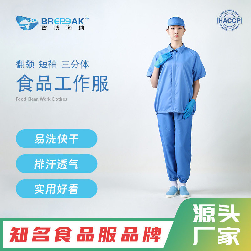 四川食品工作服翻领短袖三分体防尘洁净服食品车间工作服价格