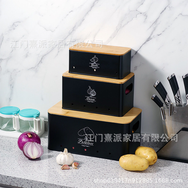 竹盖黑色储存罐土豆洋葱大蒜收纳盒厨房食物储存箱大容量
