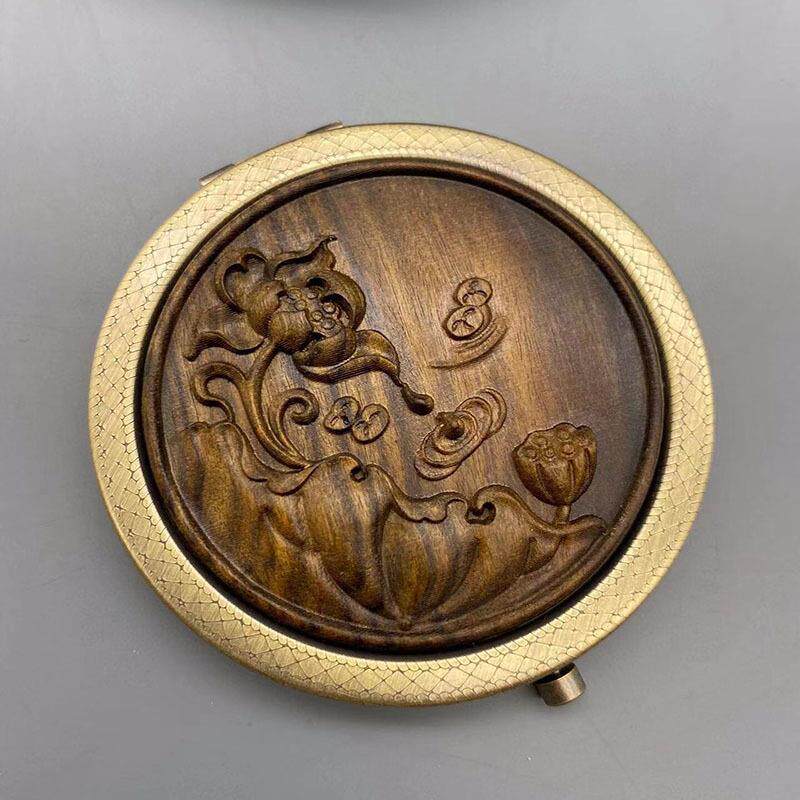 复古木雕花便携圆镜折叠中式小镜子双面化妆镜女随身镜迷你梳妆镜