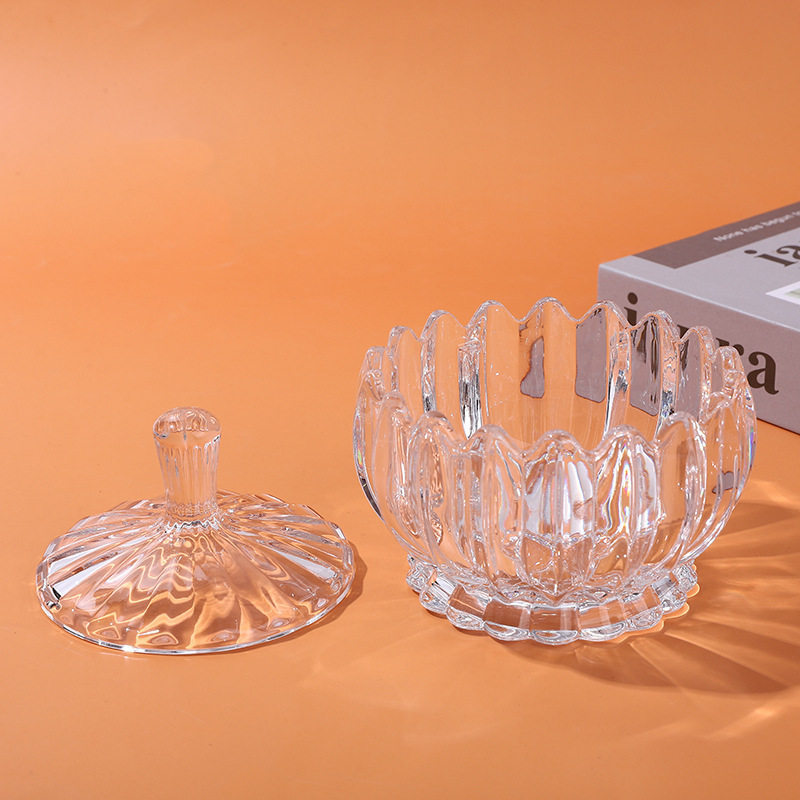 莲花铅透明玻璃糖缸储物罐装饰糖果罐果盘带盖欧式花边糖罐