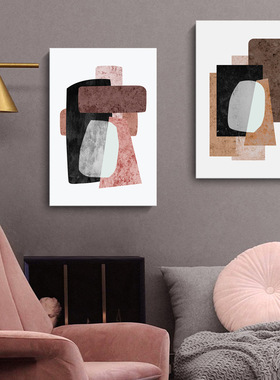 北欧抽象几何线条色块橙色艺术莫兰迪客厅装饰画酒店公寓喷绘挂画