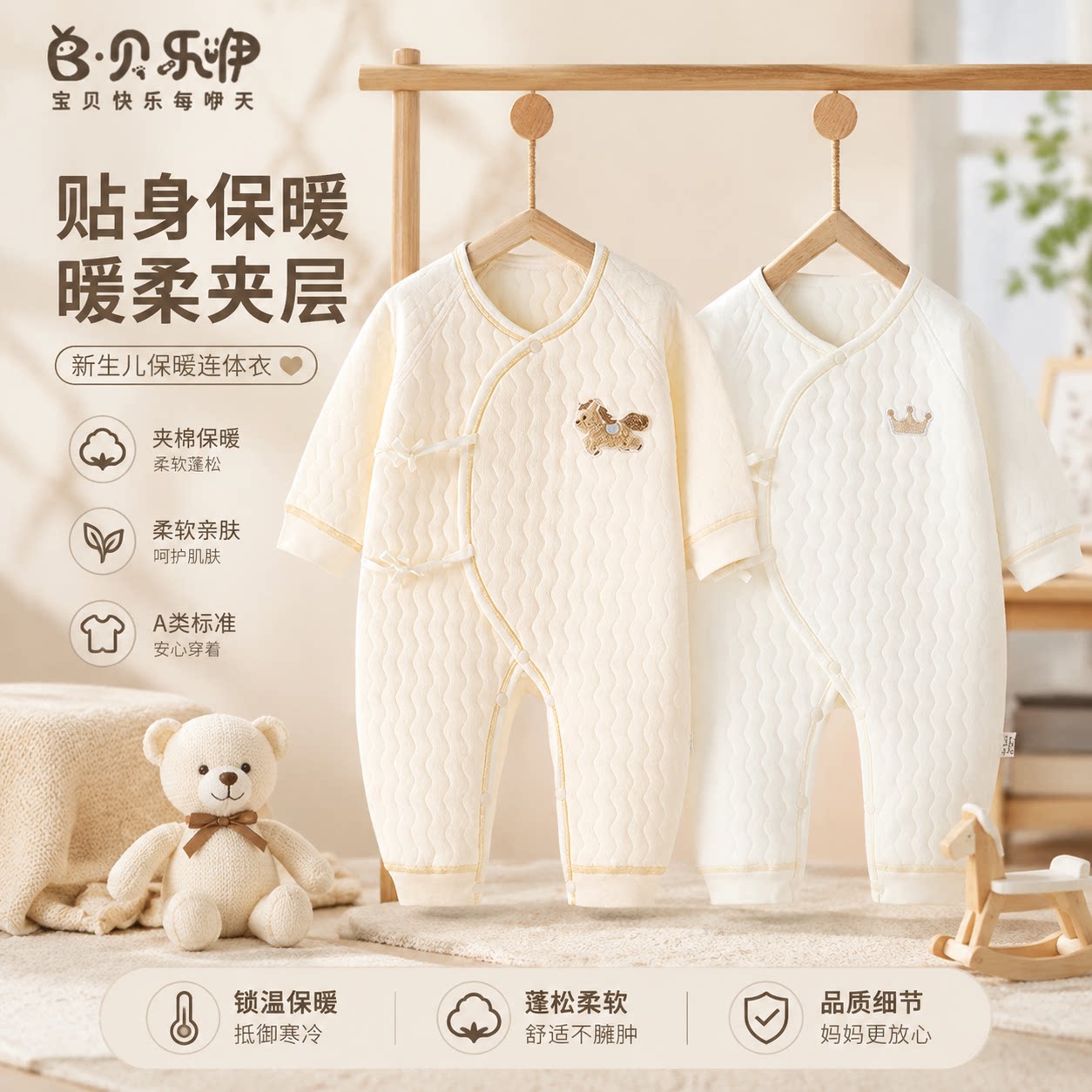 贝乐咿新生儿连体衣秋冬季婴儿长袖保暖款连体衣宝宝护肚居家爬服