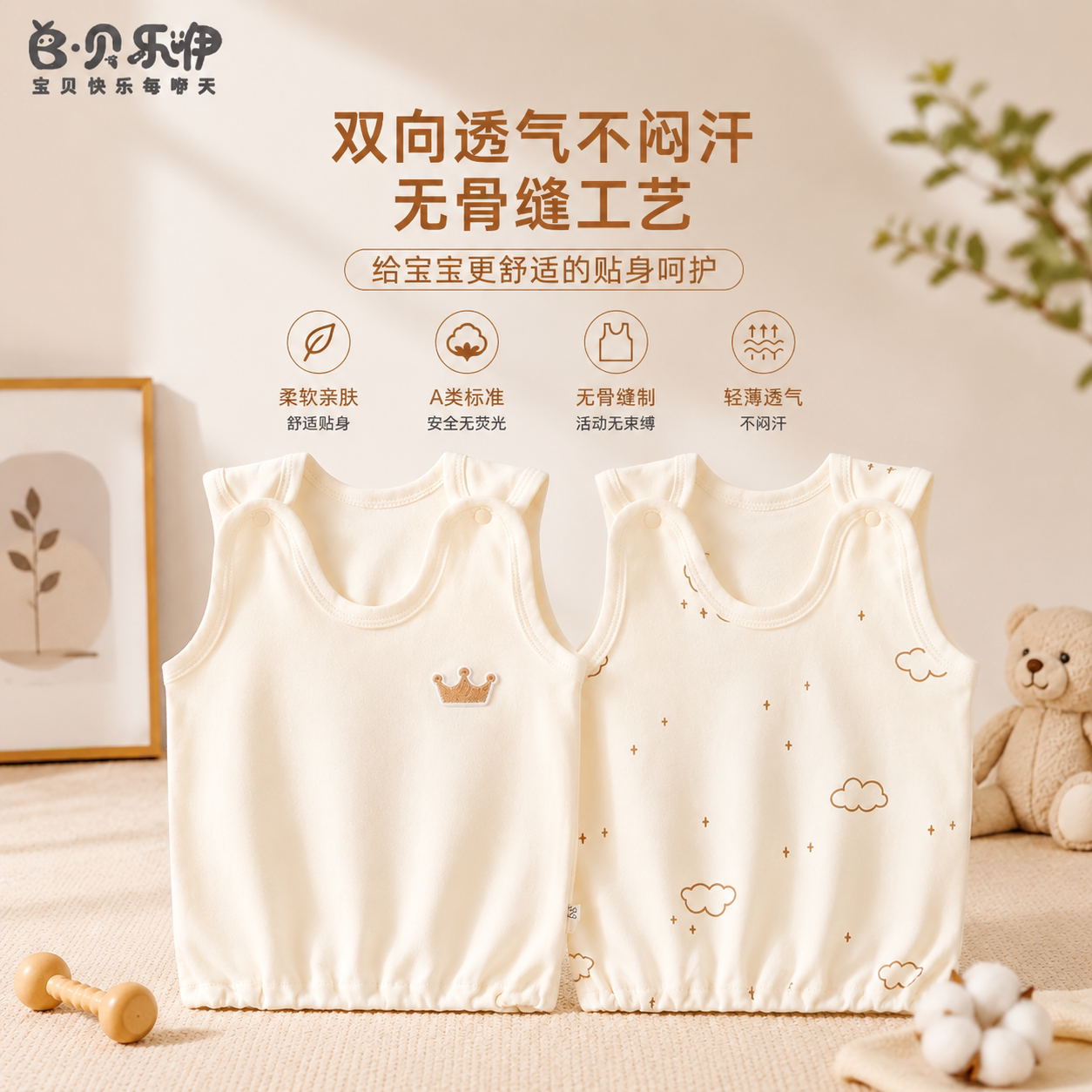 贝乐咿婴儿背心早秋季纯棉护肚男女宝宝内穿打底坎肩居家服儿童睡
