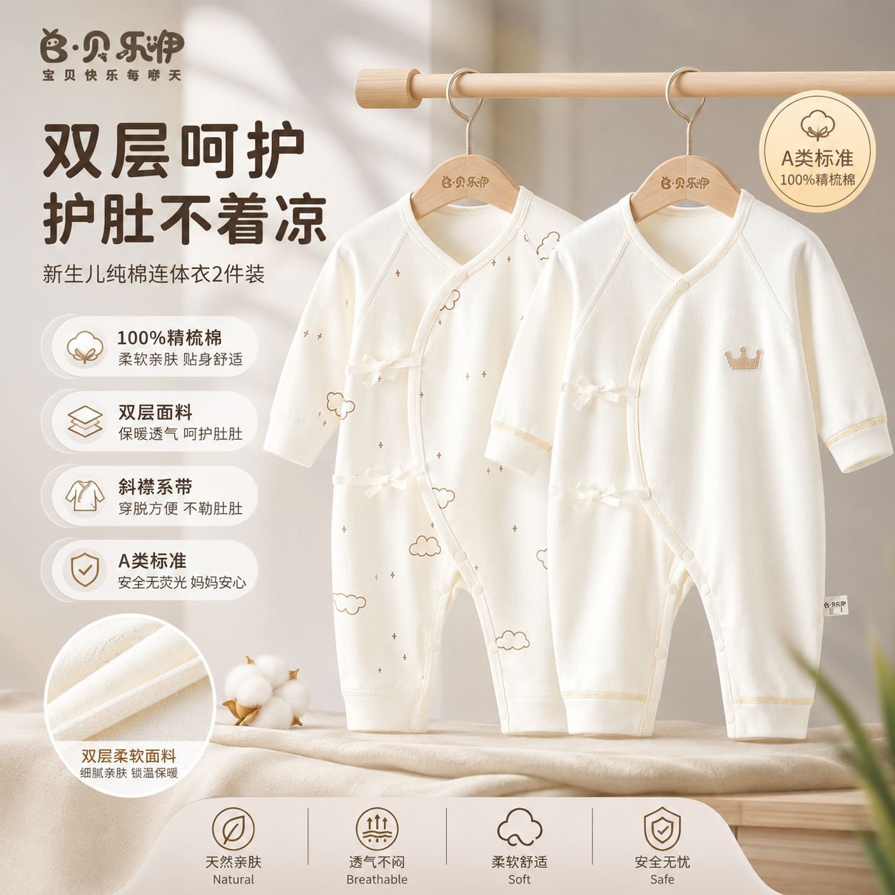 贝乐咿婴儿哈衣长袖绑带连体衣春秋季新生儿纯棉衣服婴幼儿和尚服