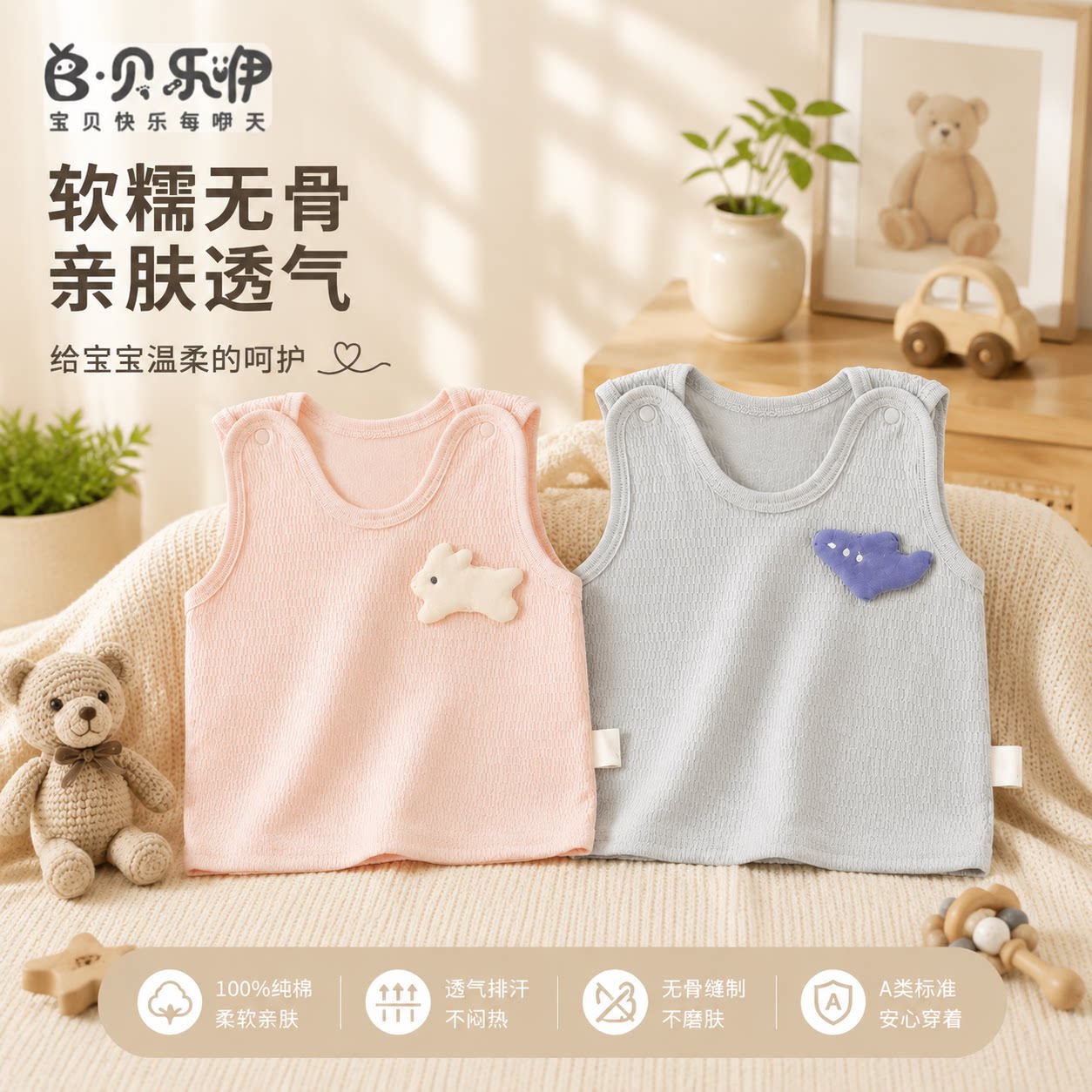 贝乐咿新生儿背心秋季护肚无袖半背衣宝宝纯棉马甲外出打底背心