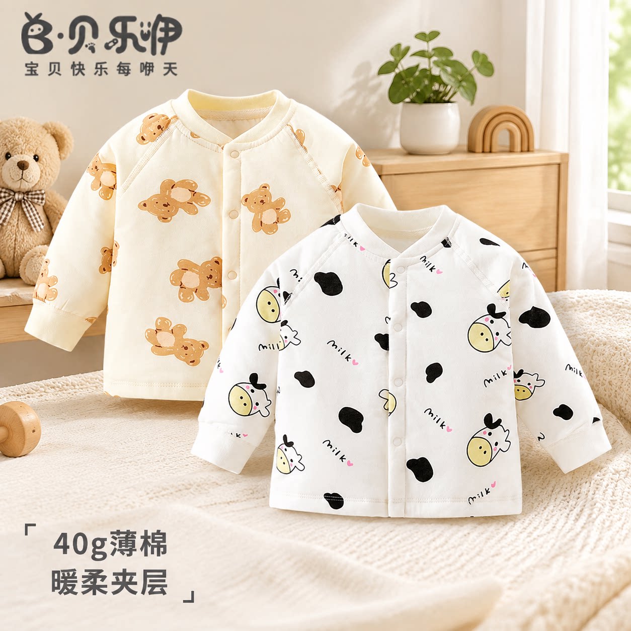 贝乐咿宝宝秋衣秋冬季保暖40g夹棉衣服婴儿居家打底衫儿童内穿搭